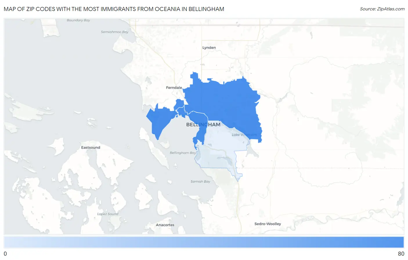 Zip Codes with the Most Immigrants from Oceania in Bellingham Map