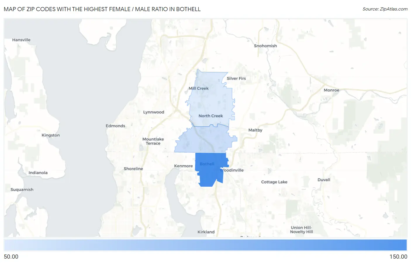Zip Codes with the Highest Female / Male Ratio in Bothell Map