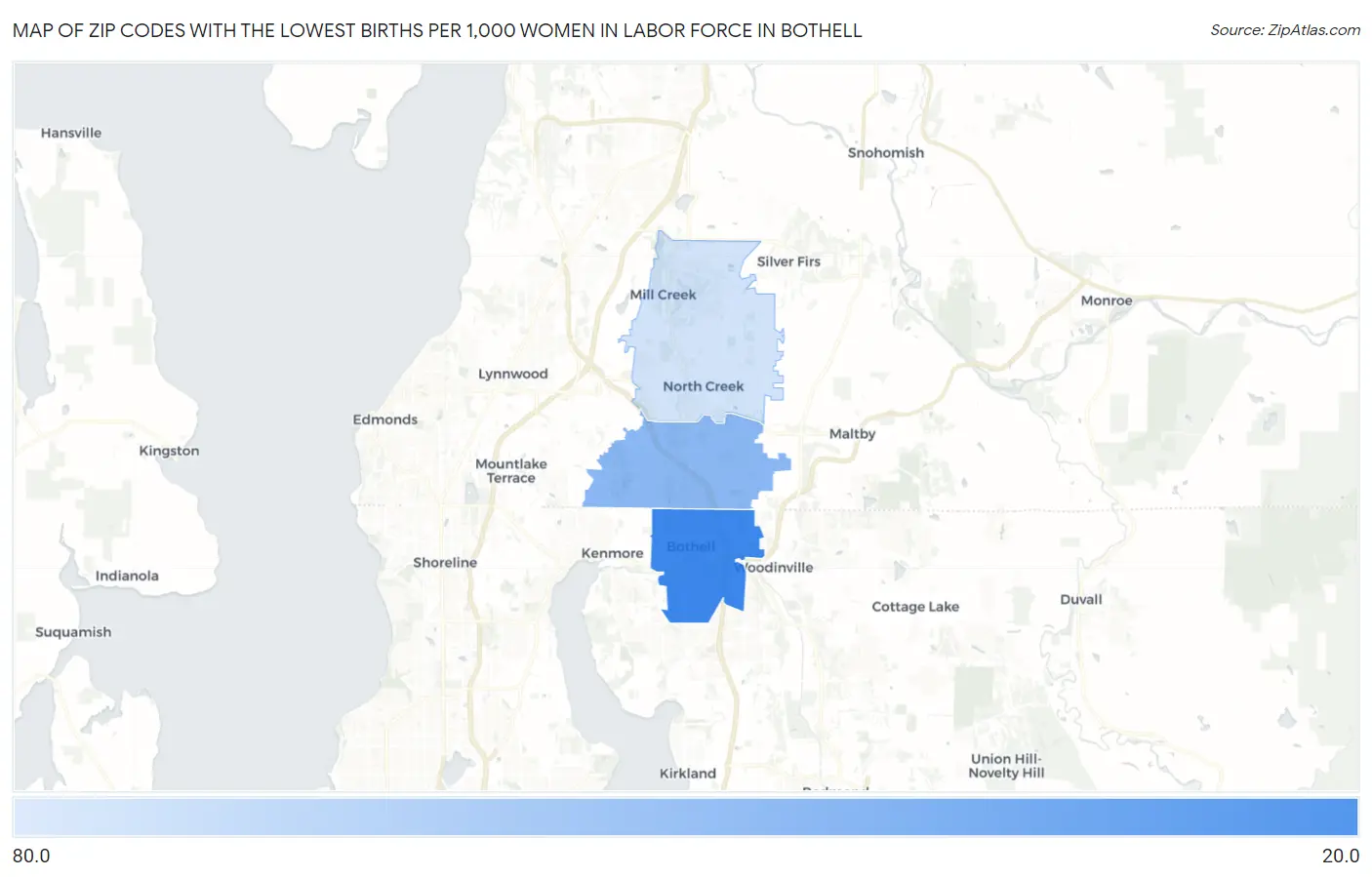 Zip Codes with the Lowest Births per 1,000 Women in Labor Force in Bothell Map