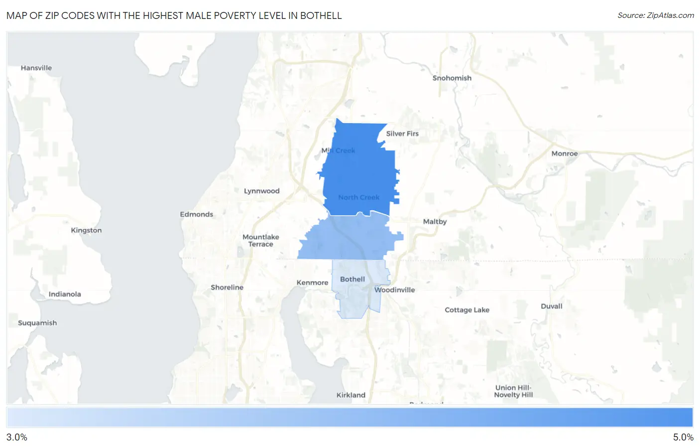 Zip Codes with the Highest Male Poverty Level in Bothell Map