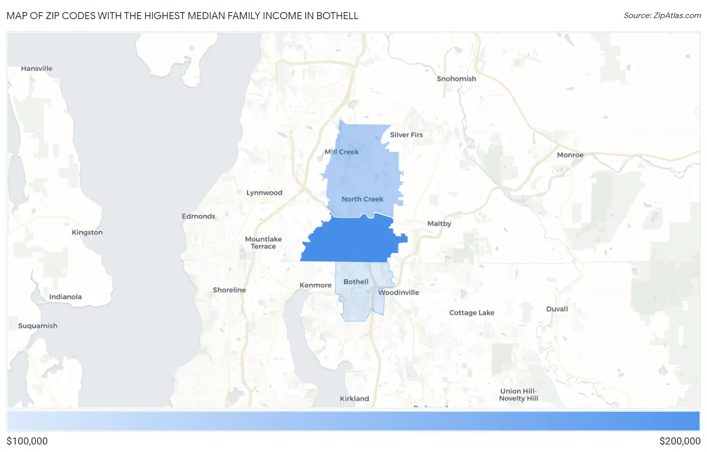 Zip Codes with the Highest Median Family Income in Bothell Map