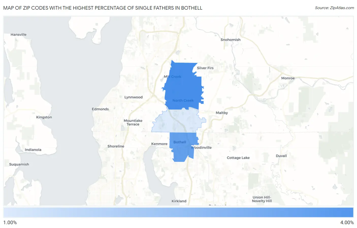 Zip Codes with the Highest Percentage of Single Fathers in Bothell Map