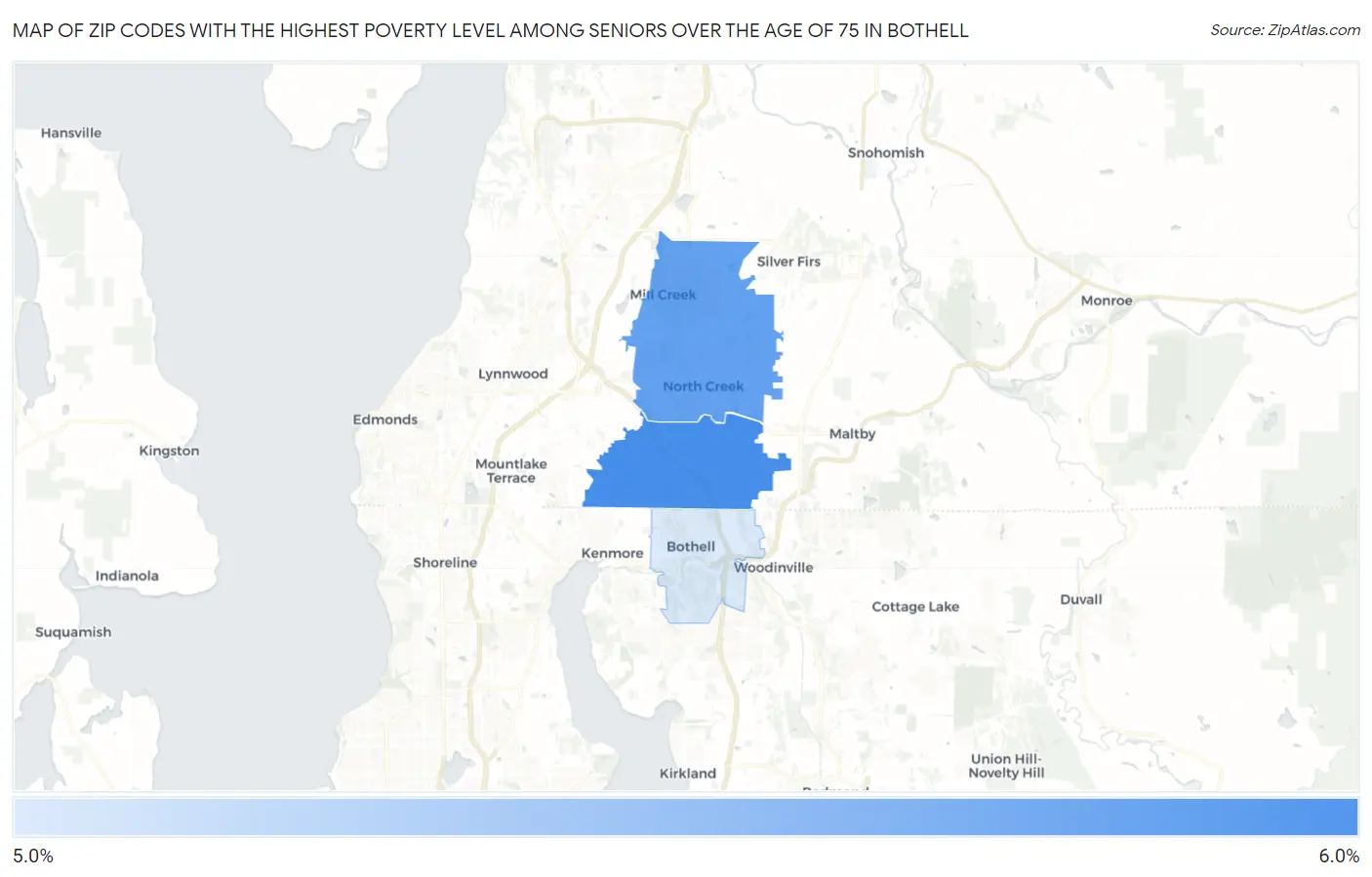 Zip Codes with the Highest Poverty Level Among Seniors Over the Age of 75 in Bothell Map