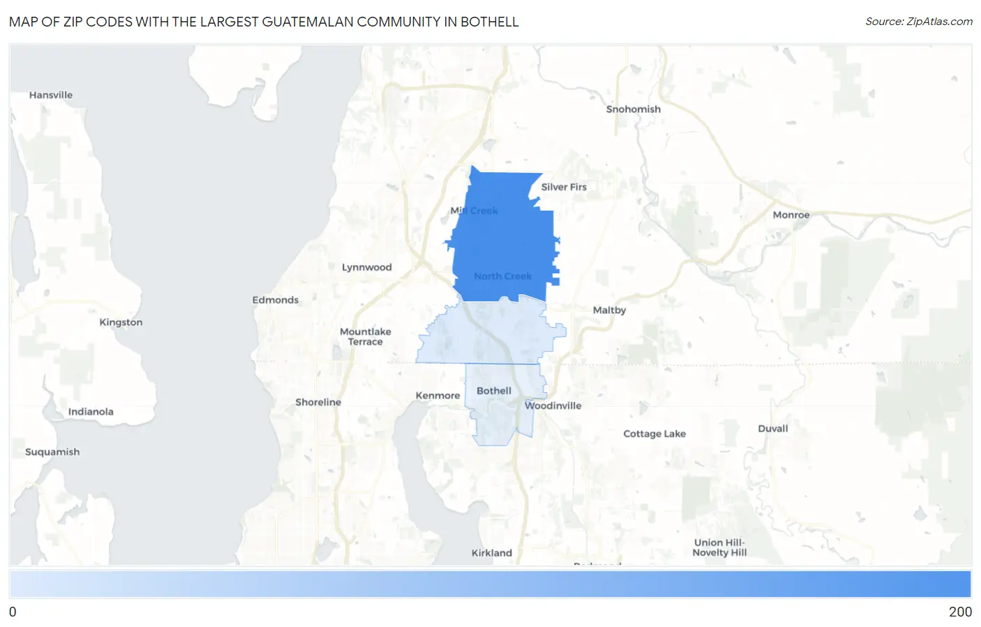 Zip Codes with the Largest Guatemalan Community in Bothell Map