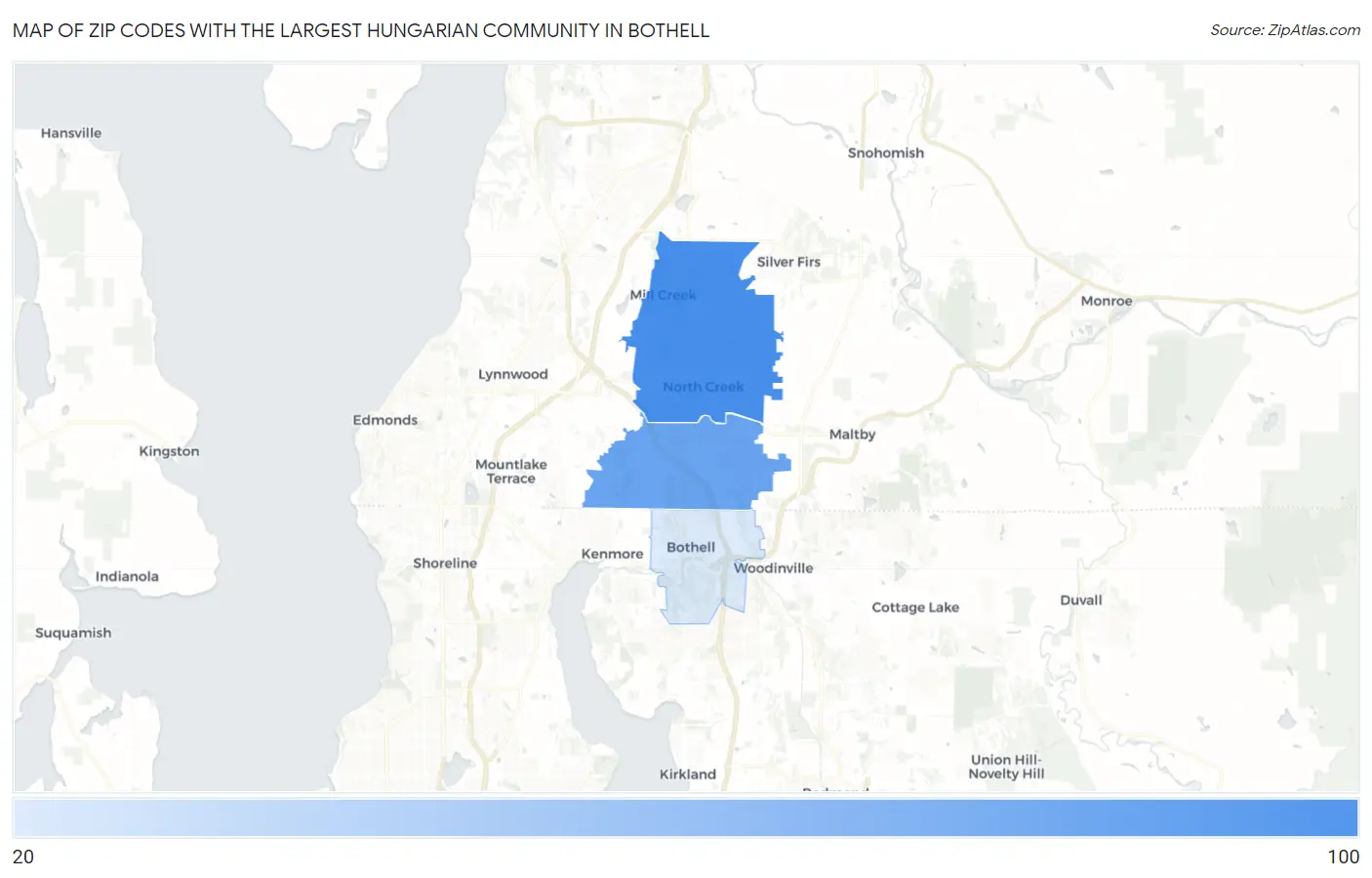 Zip Codes with the Largest Hungarian Community in Bothell Map