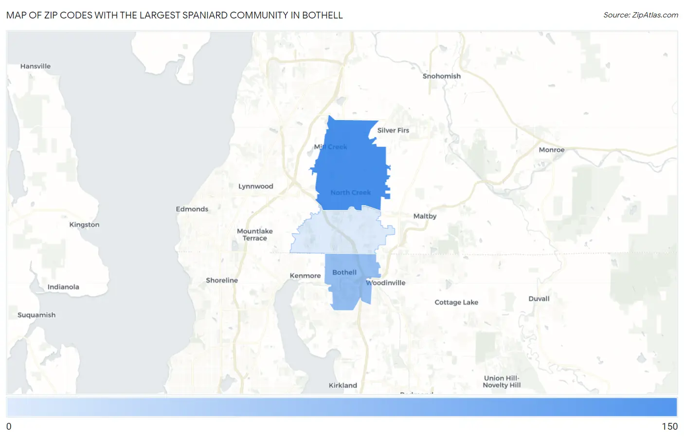 Zip Codes with the Largest Spaniard Community in Bothell Map