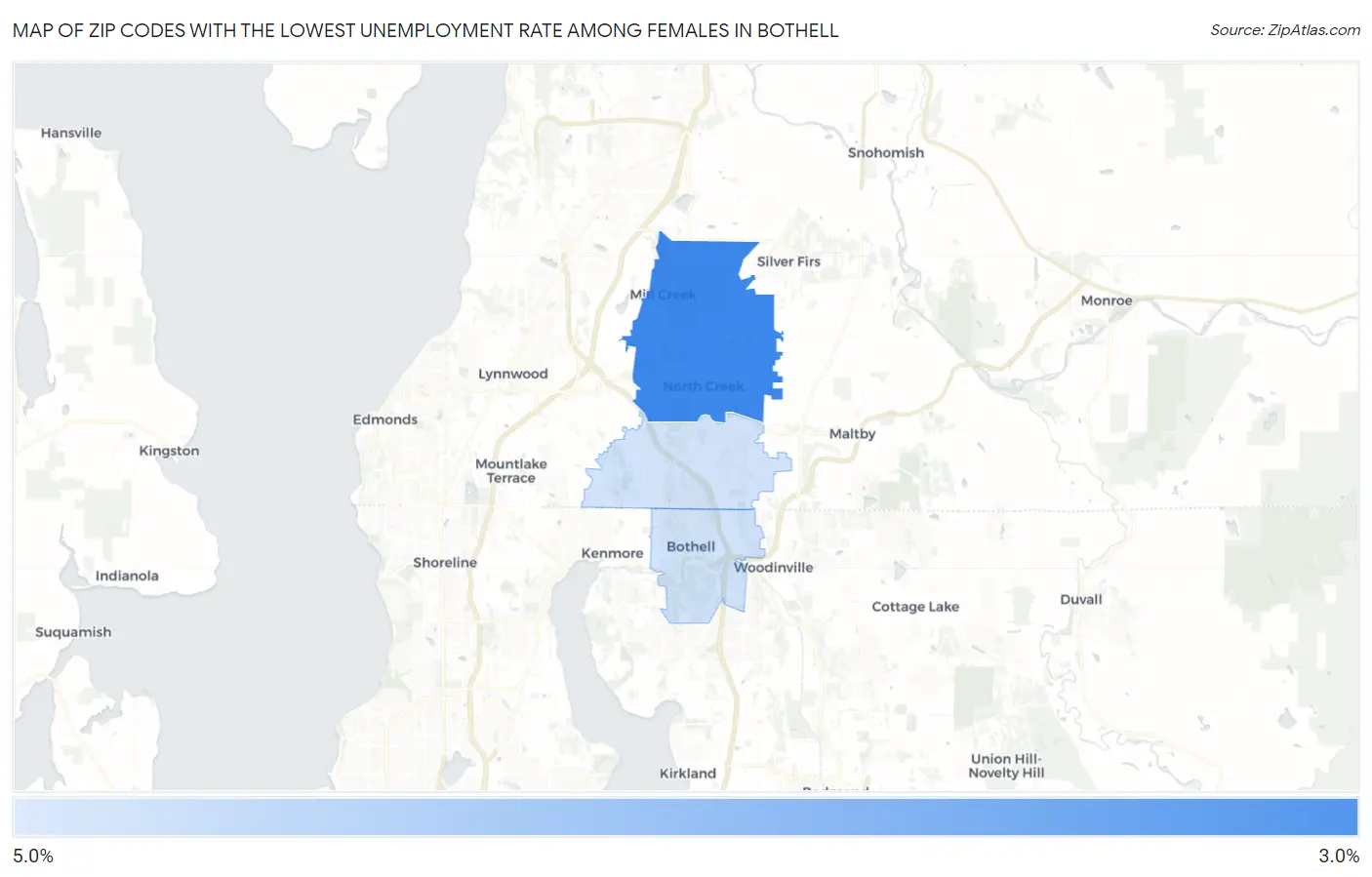 Zip Codes with the Lowest Unemployment Rate Among Females in Bothell Map
