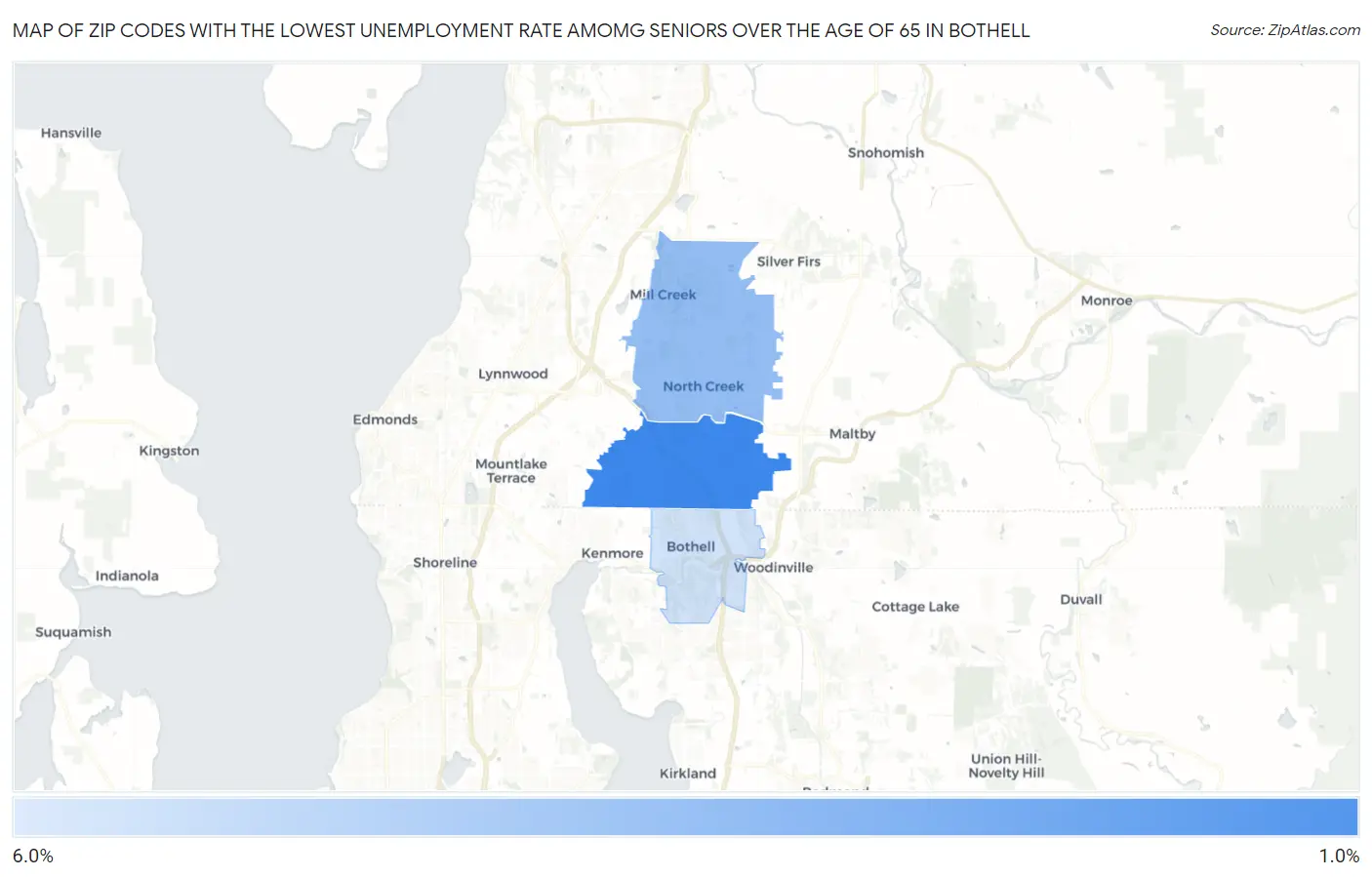 Zip Codes with the Lowest Unemployment Rate Amomg Seniors Over the Age of 65 in Bothell Map