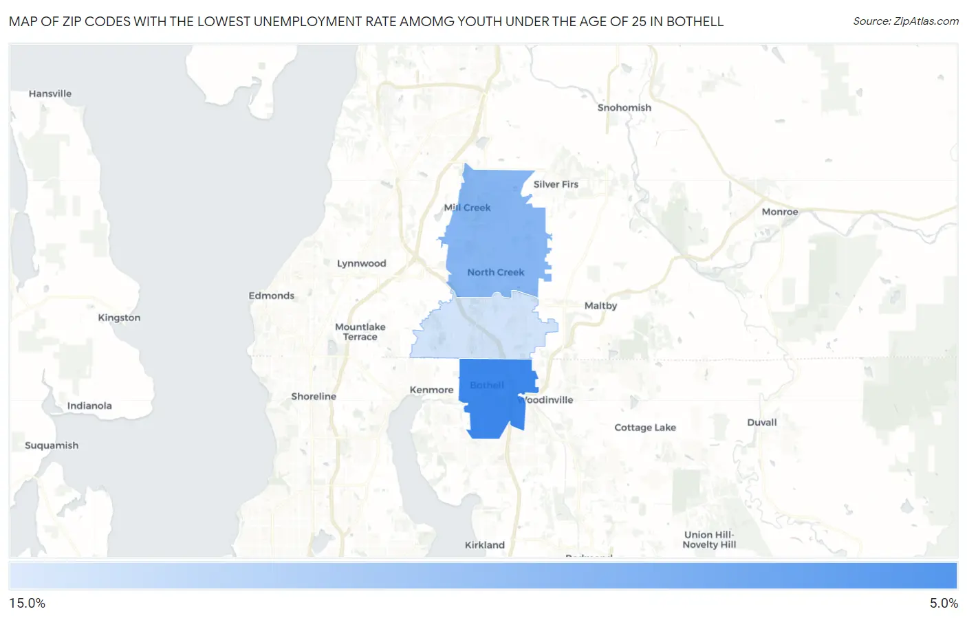 Zip Codes with the Lowest Unemployment Rate Amomg Youth Under the Age of 25 in Bothell Map