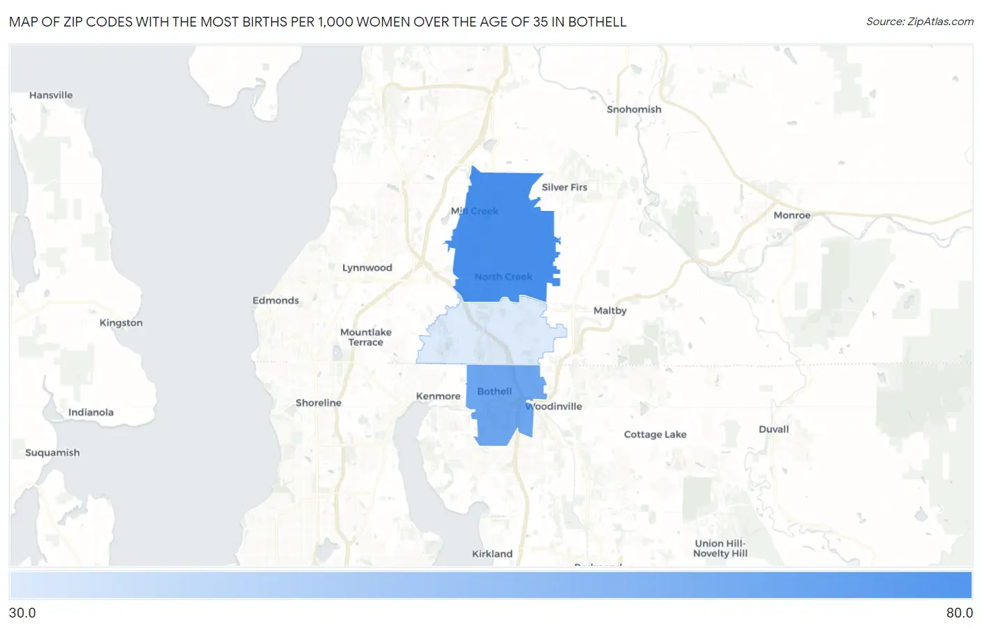 Zip Codes with the Most Births per 1,000 Women Over the Age of 35 in Bothell Map