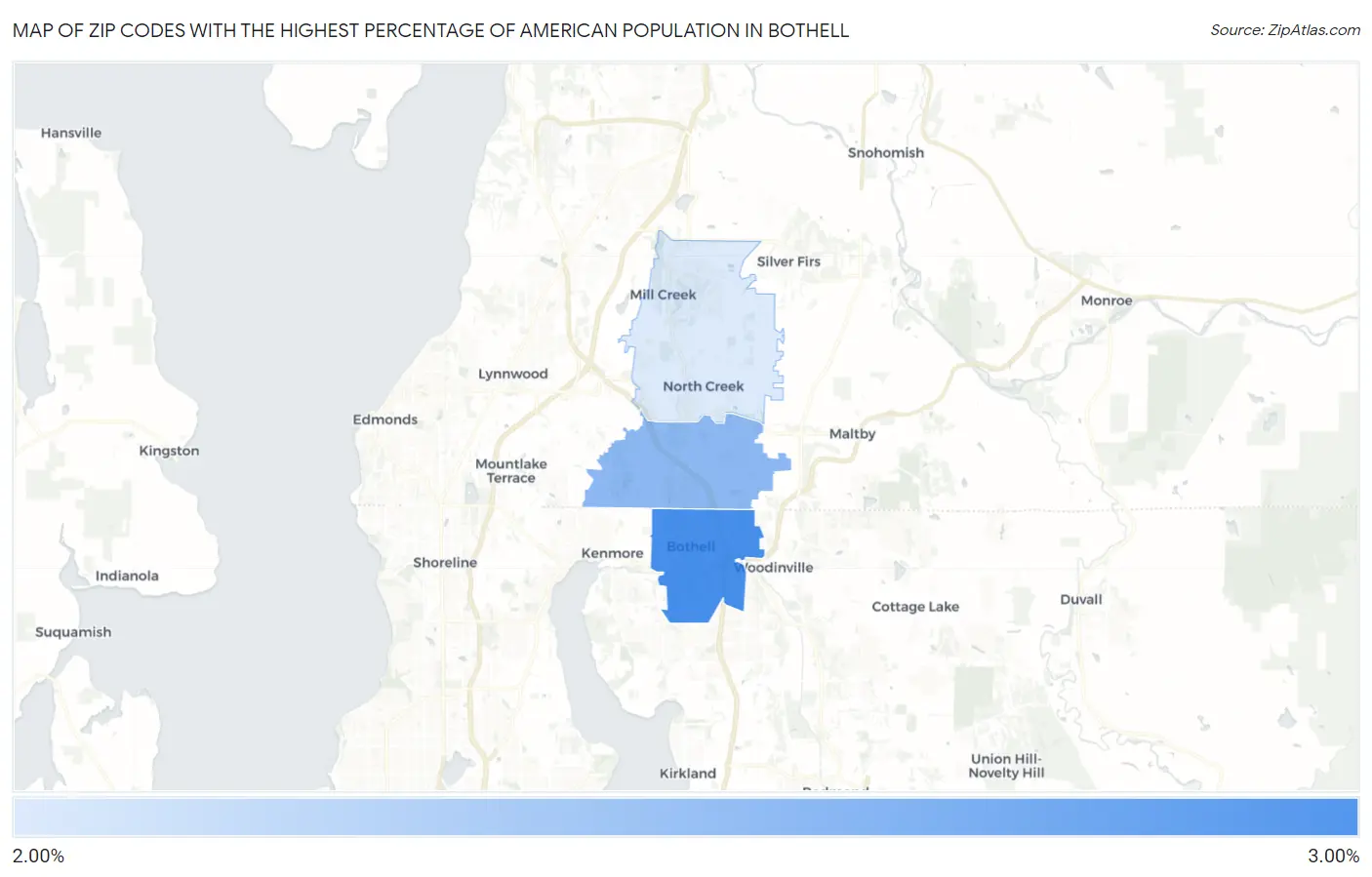 Zip Codes with the Highest Percentage of American Population in Bothell Map