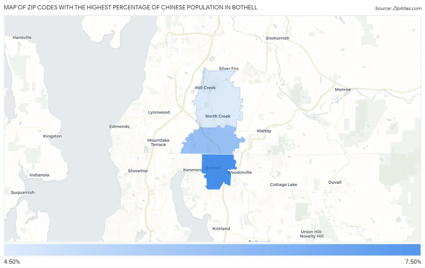 Zip Codes with the Highest Percentage of Chinese Population in Bothell Map