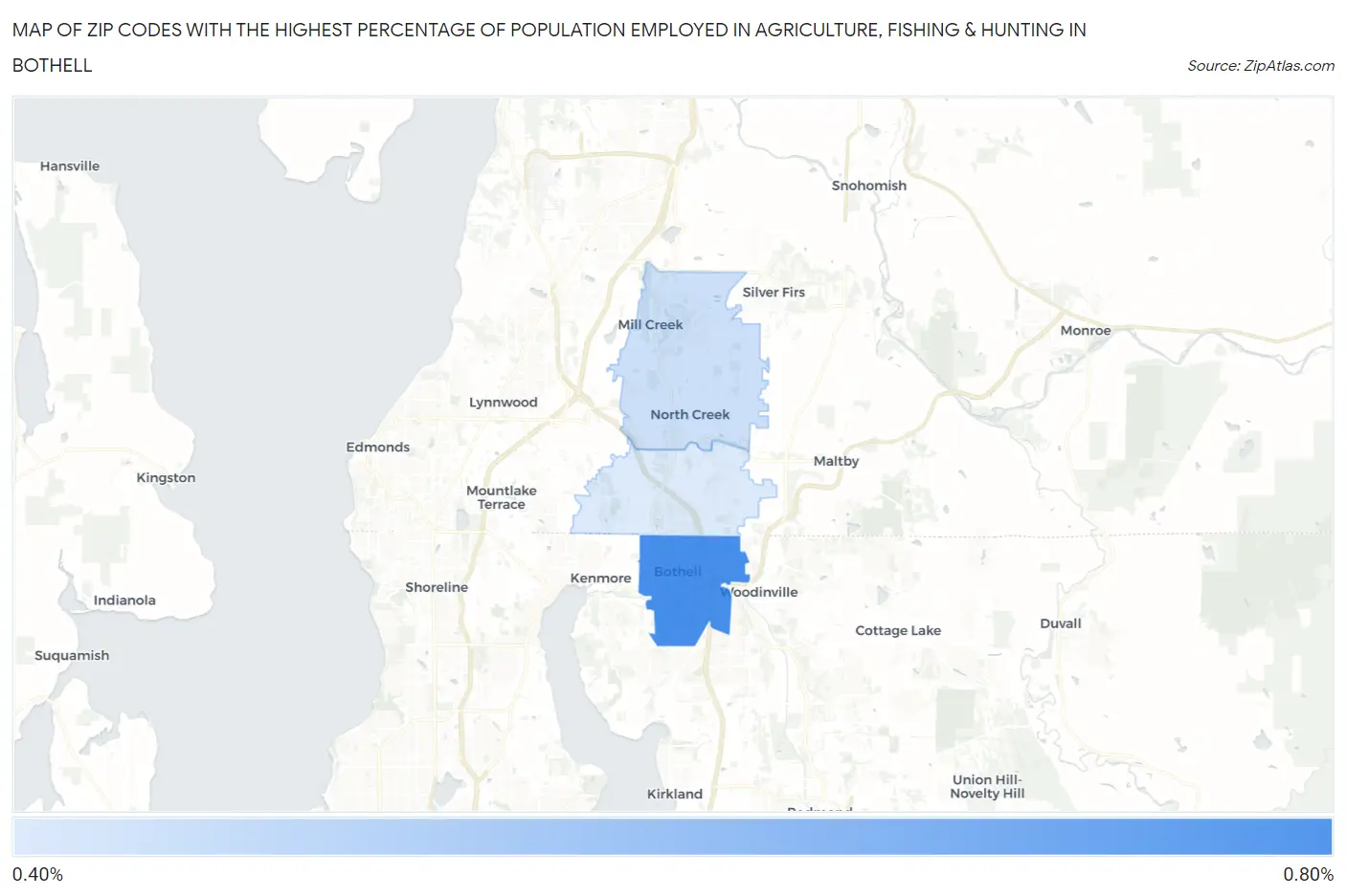 Zip Codes with the Highest Percentage of Population Employed in Agriculture, Fishing & Hunting in Bothell Map