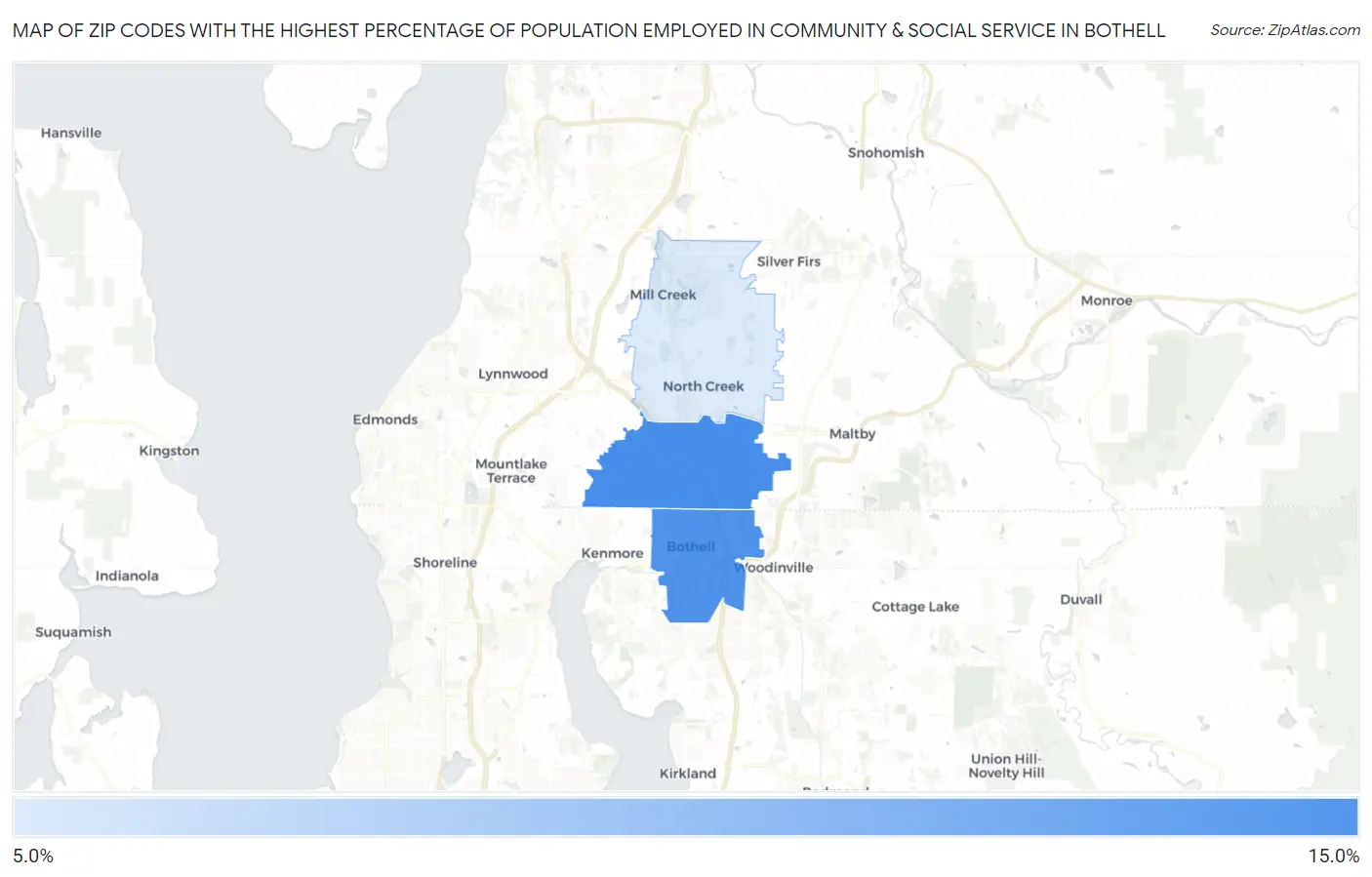 Zip Codes with the Highest Percentage of Population Employed in Community & Social Service  in Bothell Map