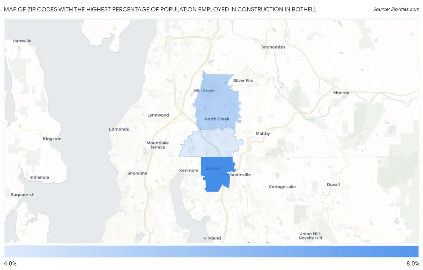 Zip Codes with the Highest Percentage of Population Employed in Construction in Bothell Map