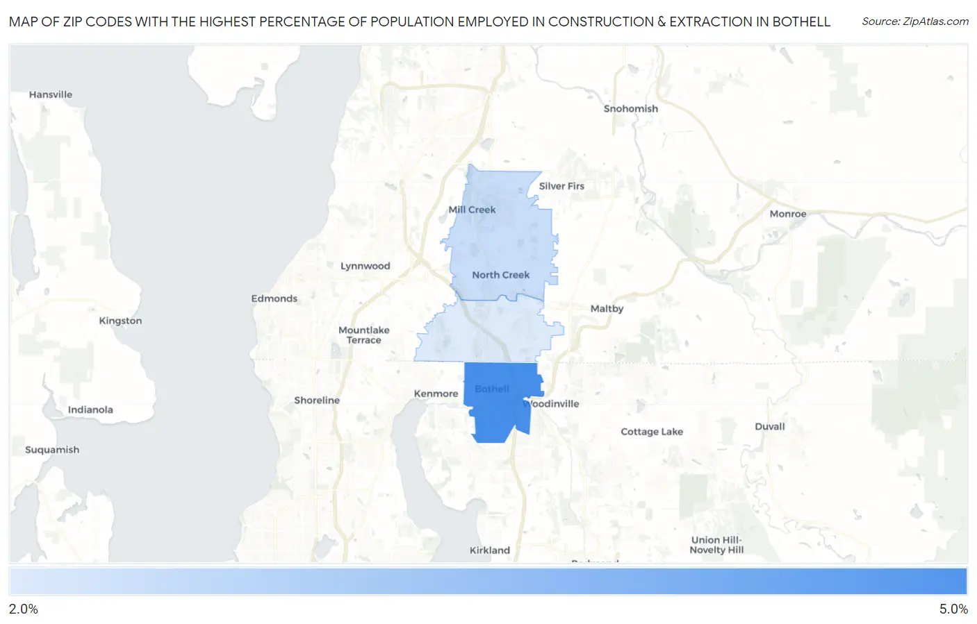 Zip Codes with the Highest Percentage of Population Employed in Construction & Extraction in Bothell Map