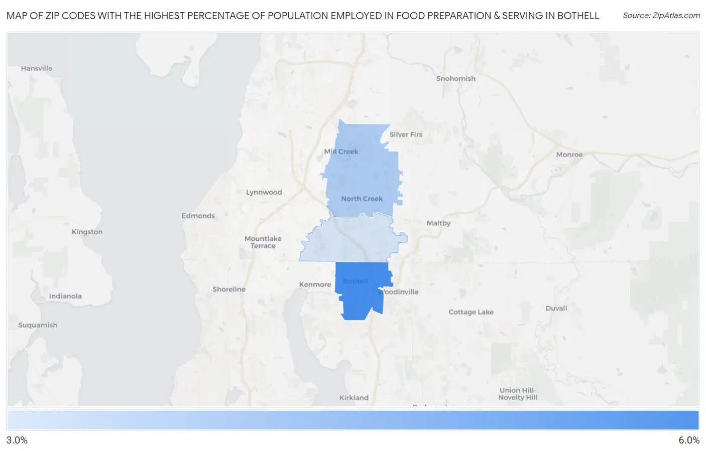 Zip Codes with the Highest Percentage of Population Employed in Food Preparation & Serving in Bothell Map