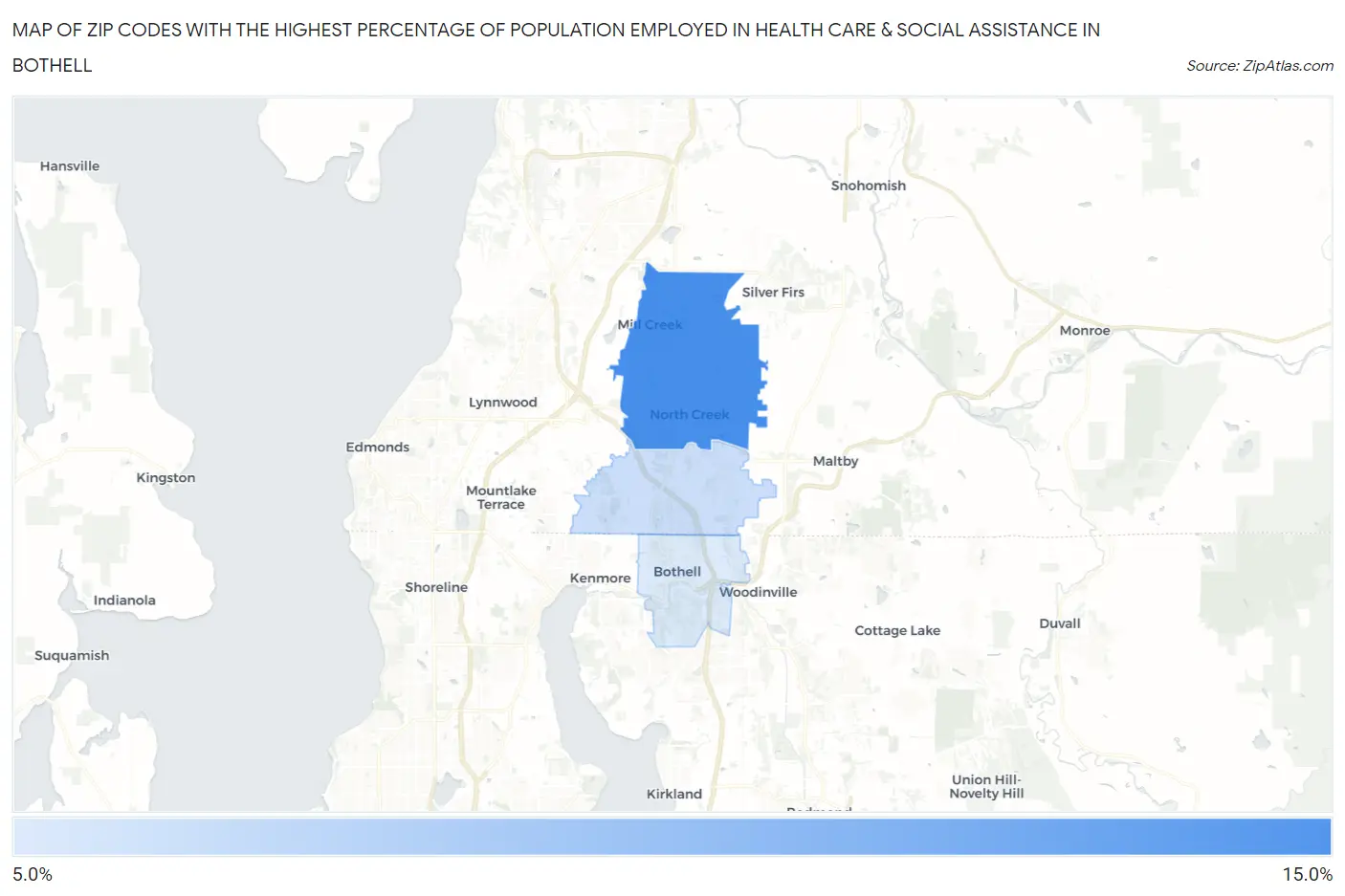 Zip Codes with the Highest Percentage of Population Employed in Health Care & Social Assistance in Bothell Map