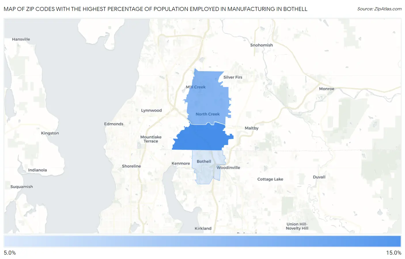 Zip Codes with the Highest Percentage of Population Employed in Manufacturing in Bothell Map