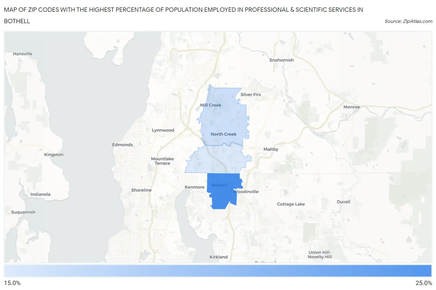 Zip Codes with the Highest Percentage of Population Employed in Professional & Scientific Services in Bothell Map