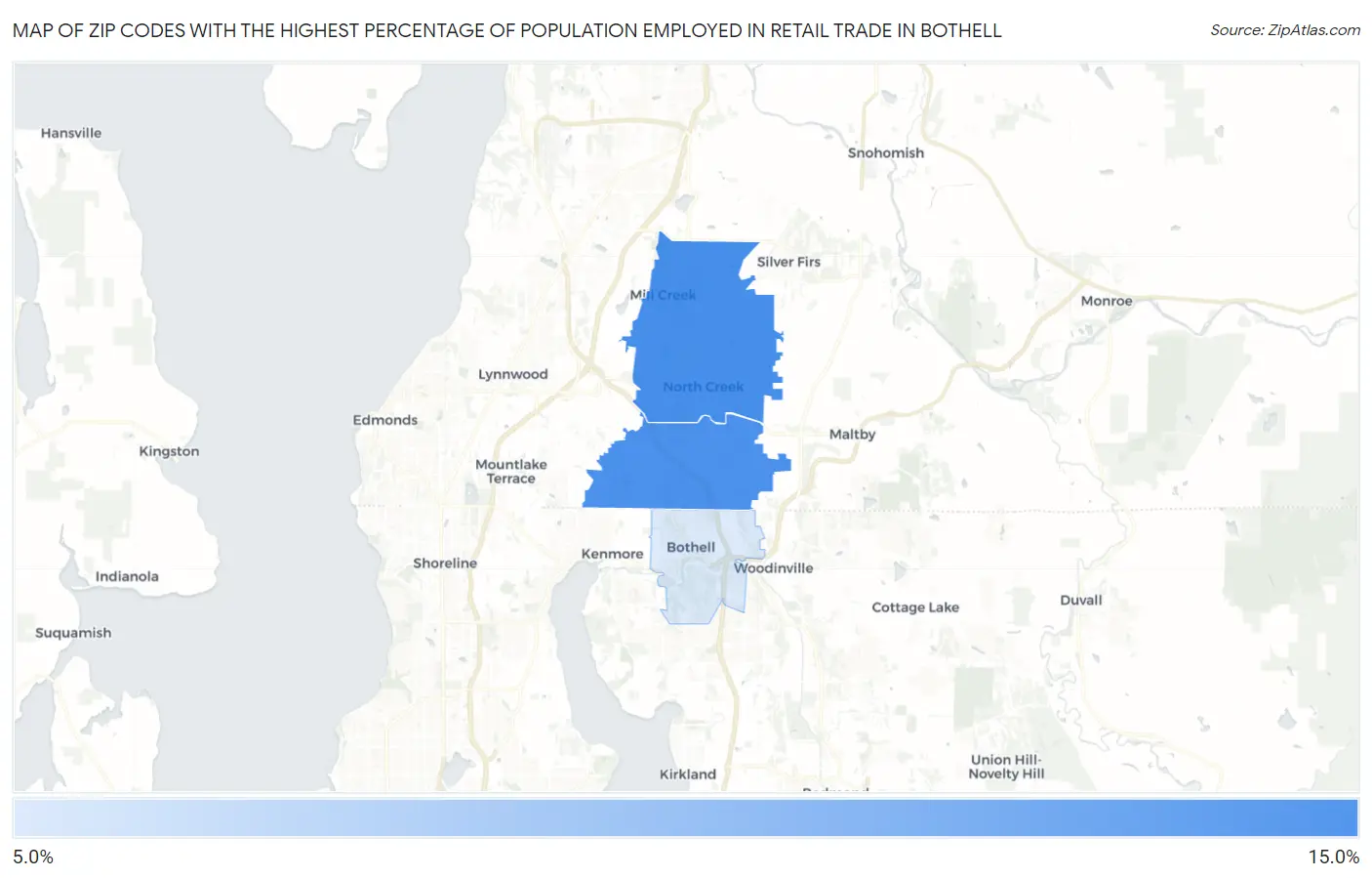 Zip Codes with the Highest Percentage of Population Employed in Retail Trade in Bothell Map