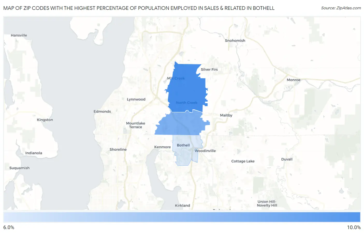 Zip Codes with the Highest Percentage of Population Employed in Sales & Related in Bothell Map