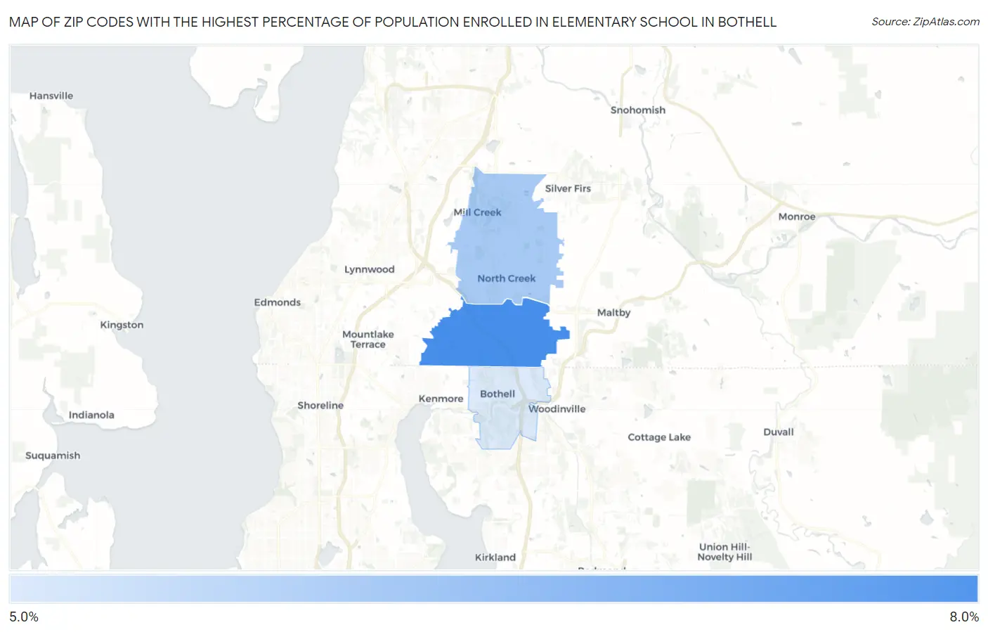 Zip Codes with the Highest Percentage of Population Enrolled in Elementary School in Bothell Map