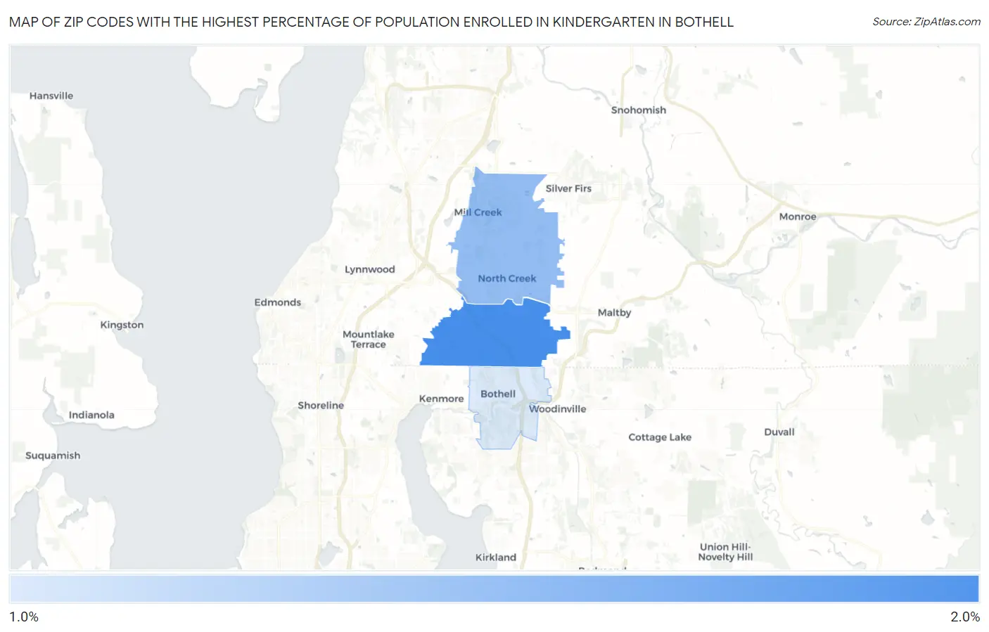 Zip Codes with the Highest Percentage of Population Enrolled in Kindergarten in Bothell Map