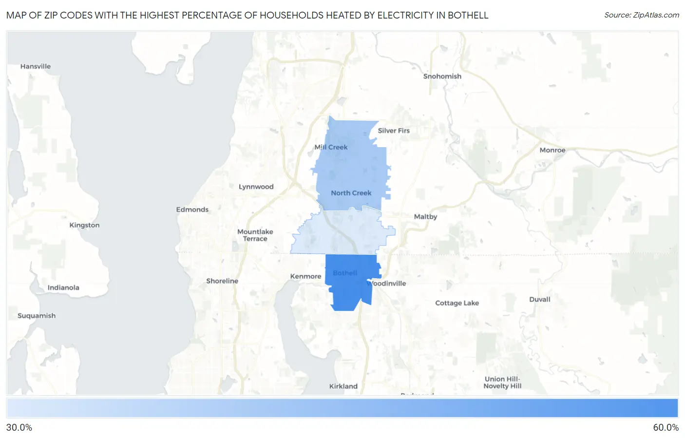 Zip Codes with the Highest Percentage of Households Heated by Electricity in Bothell Map