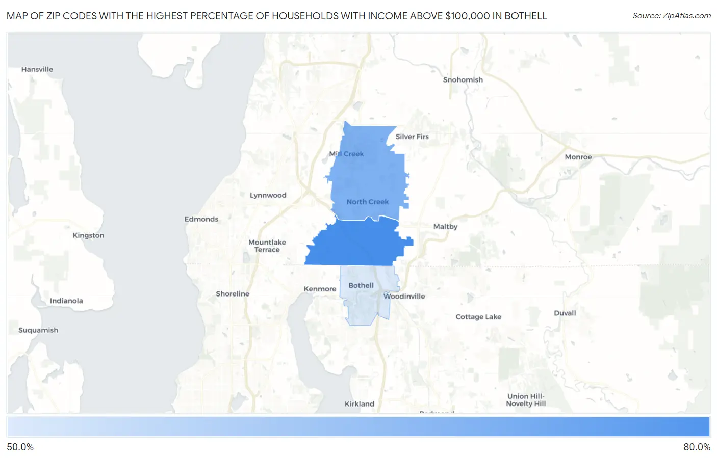 Zip Codes with the Highest Percentage of Households with Income Above $100,000 in Bothell Map