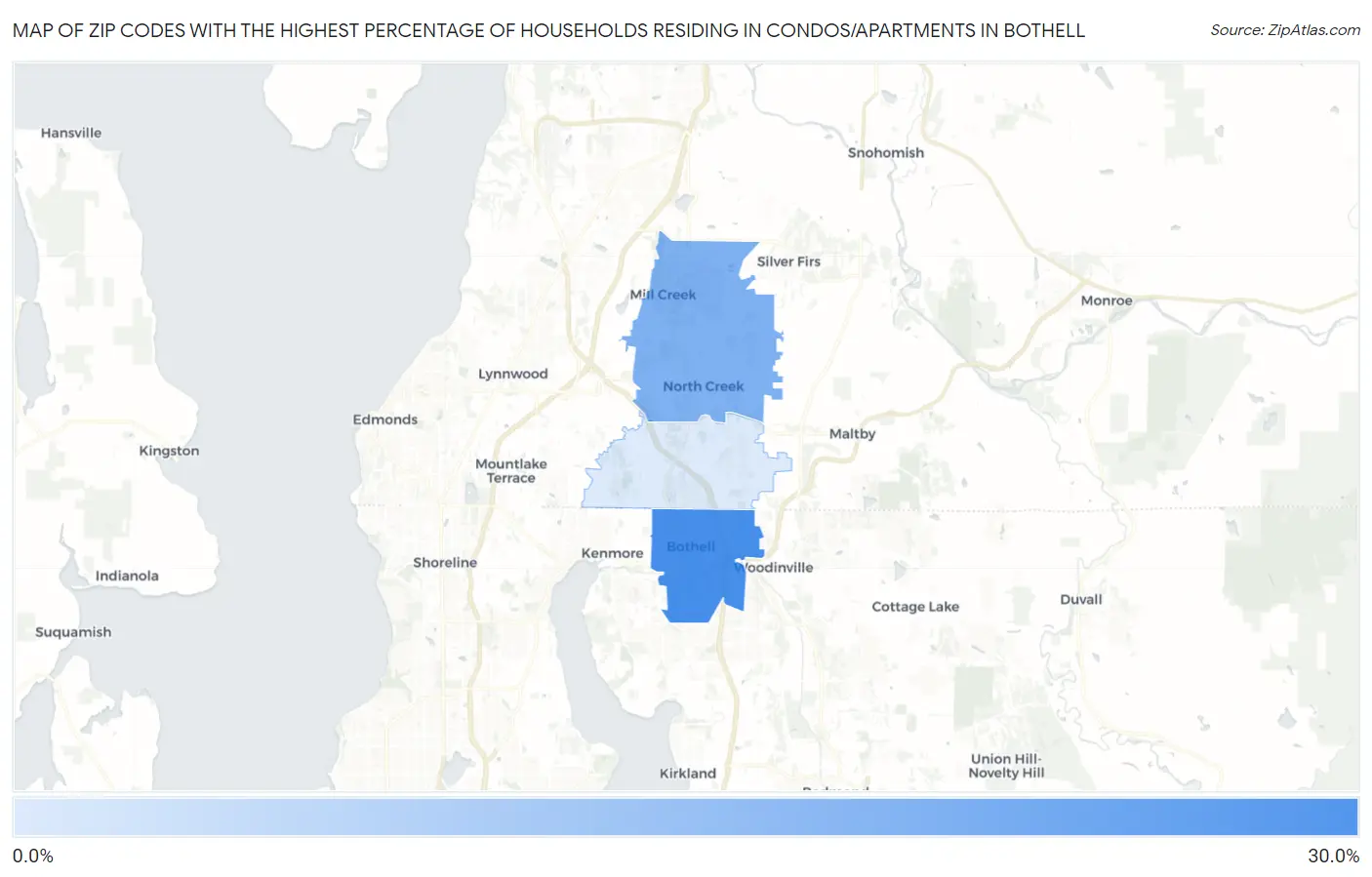 Zip Codes with the Highest Percentage of Households Residing in Condos/Apartments in Bothell Map