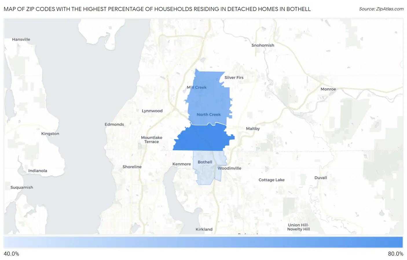 Zip Codes with the Highest Percentage of Households Residing in Detached Homes in Bothell Map