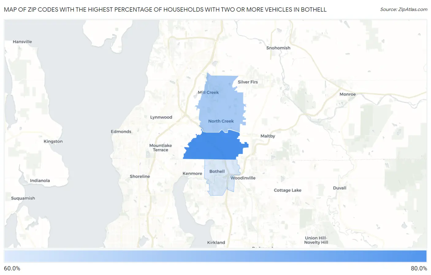 Zip Codes with the Highest Percentage of Households With Two or more Vehicles in Bothell Map
