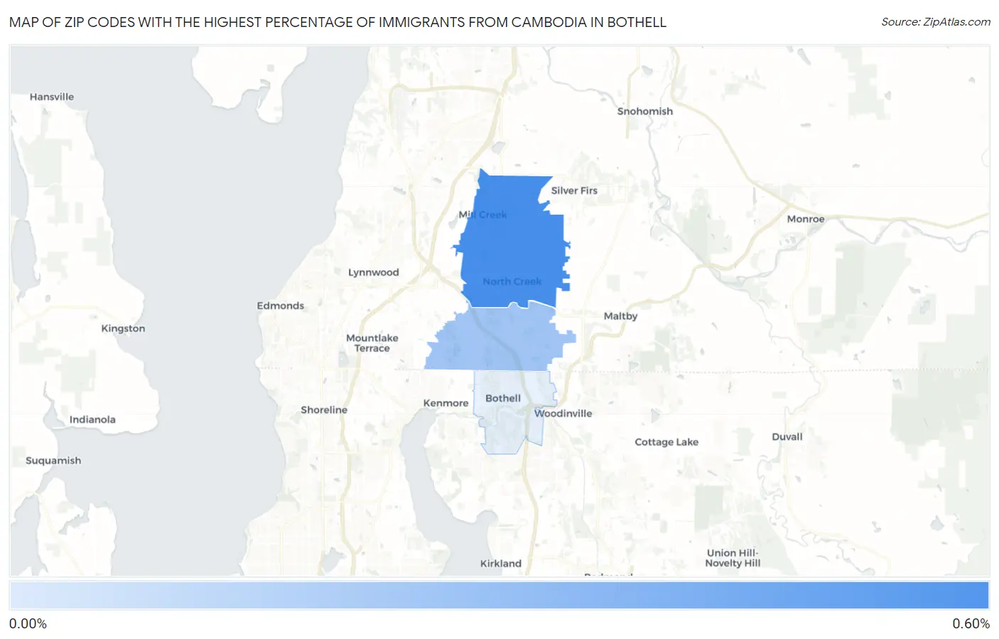 Zip Codes with the Highest Percentage of Immigrants from Cambodia in Bothell Map