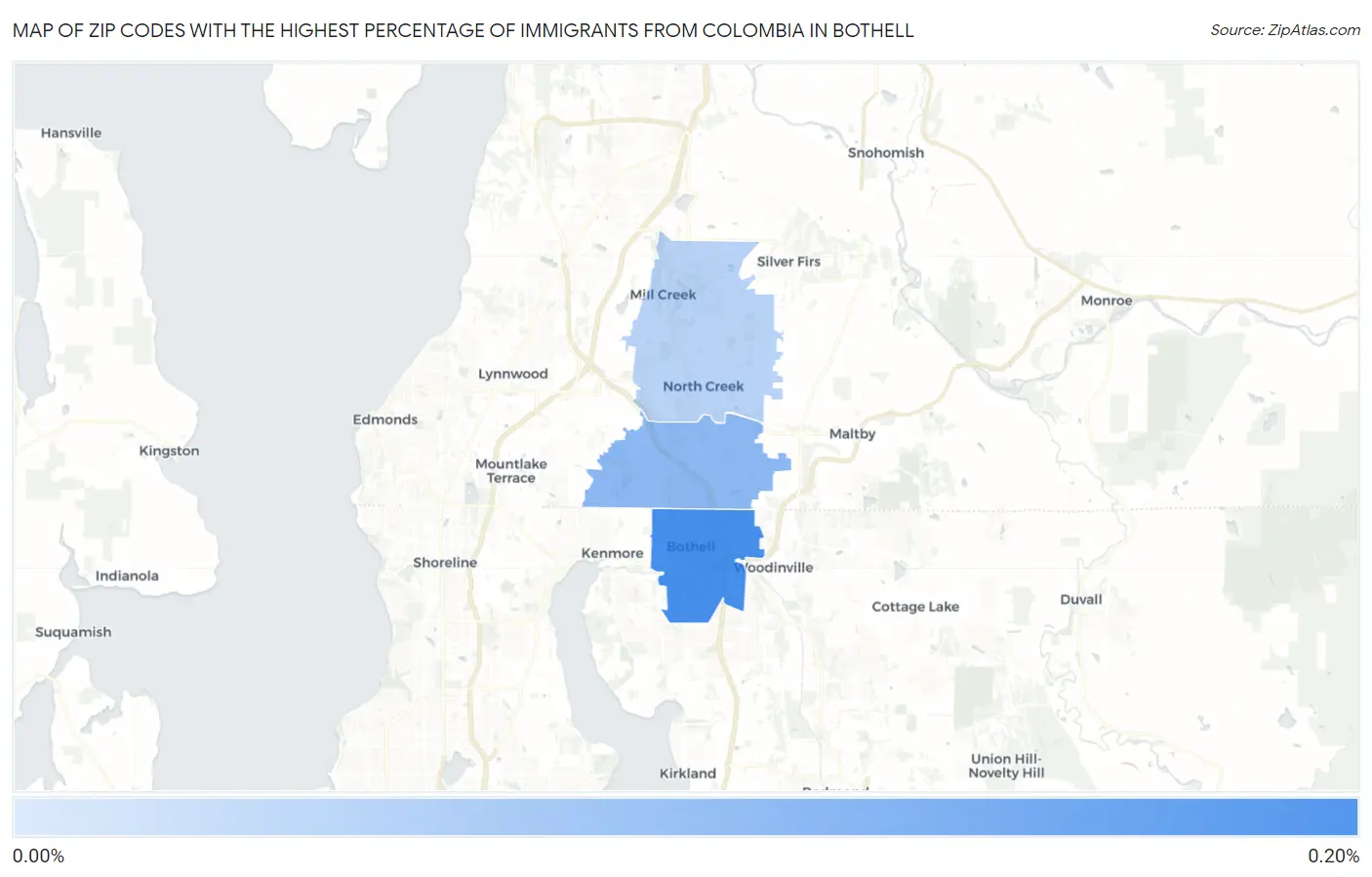 Zip Codes with the Highest Percentage of Immigrants from Colombia in Bothell Map