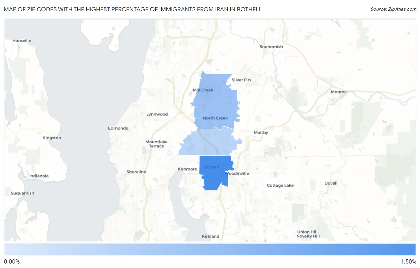 Zip Codes with the Highest Percentage of Immigrants from Iran in Bothell Map