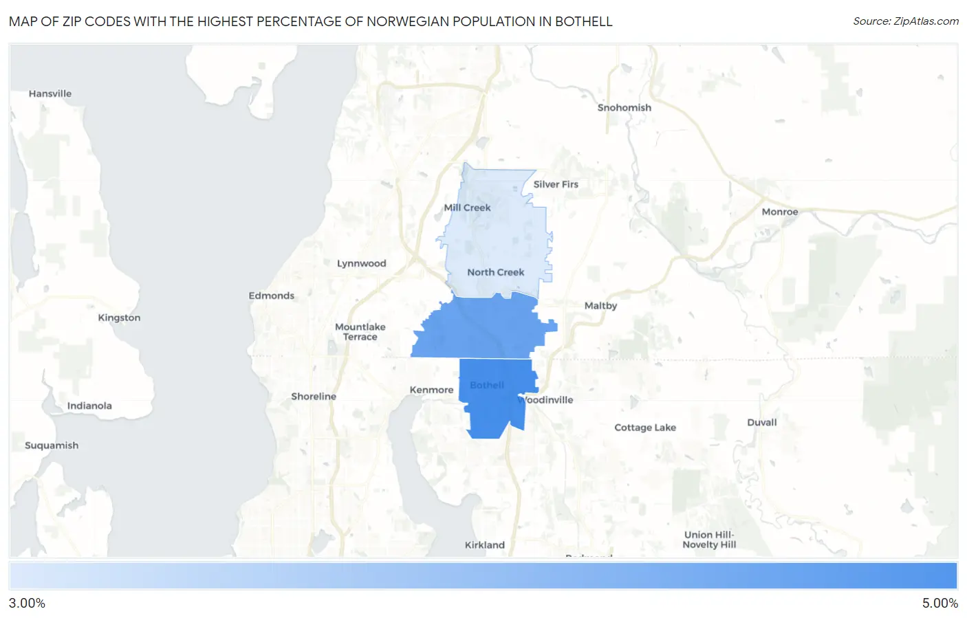 Zip Codes with the Highest Percentage of Norwegian Population in Bothell Map
