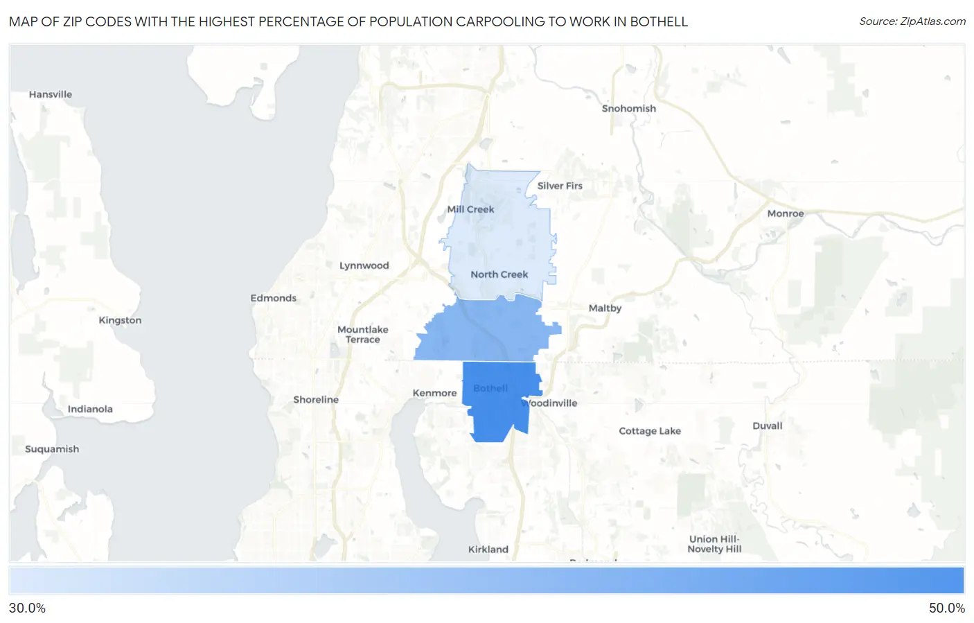 Zip Codes with the Highest Percentage of Population Carpooling to Work in Bothell Map