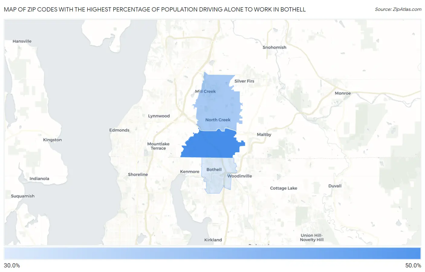 Zip Codes with the Highest Percentage of Population Driving Alone to Work in Bothell Map