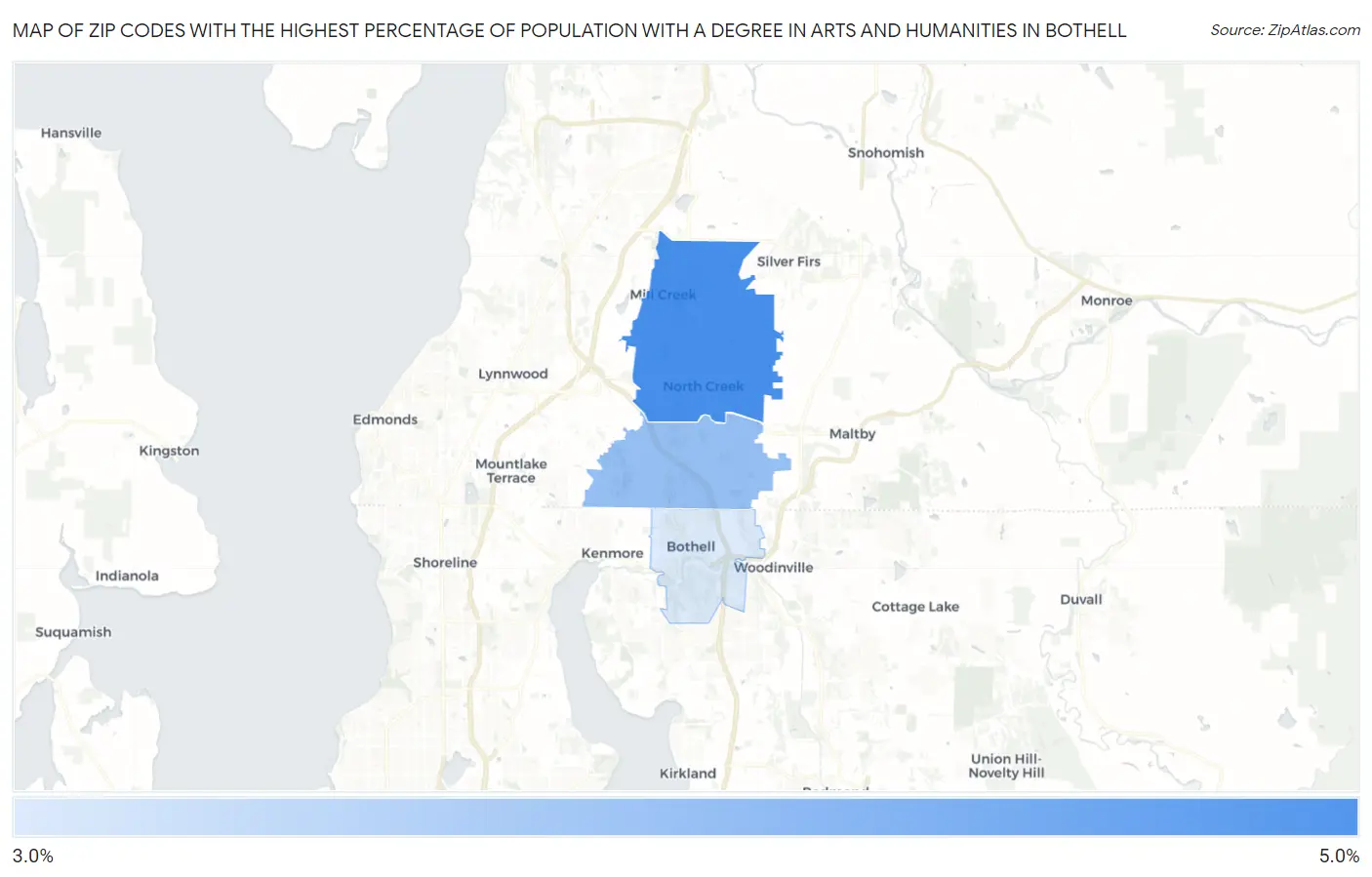 Zip Codes with the Highest Percentage of Population with a Degree in Arts and Humanities in Bothell Map