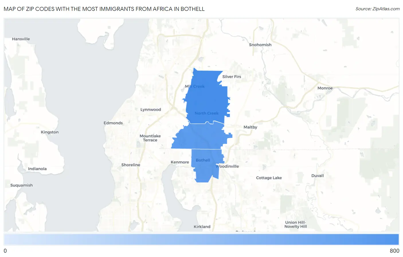 Zip Codes with the Most Immigrants from Africa in Bothell Map