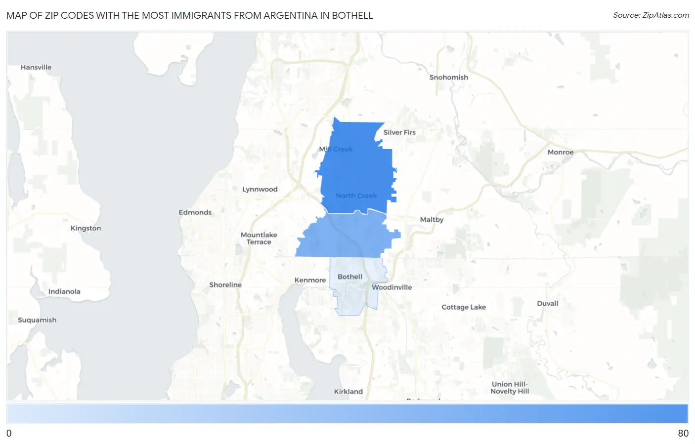 Zip Codes with the Most Immigrants from Argentina in Bothell Map