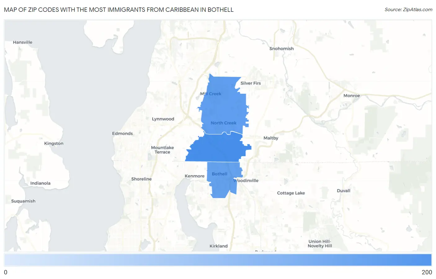 Zip Codes with the Most Immigrants from Caribbean in Bothell Map