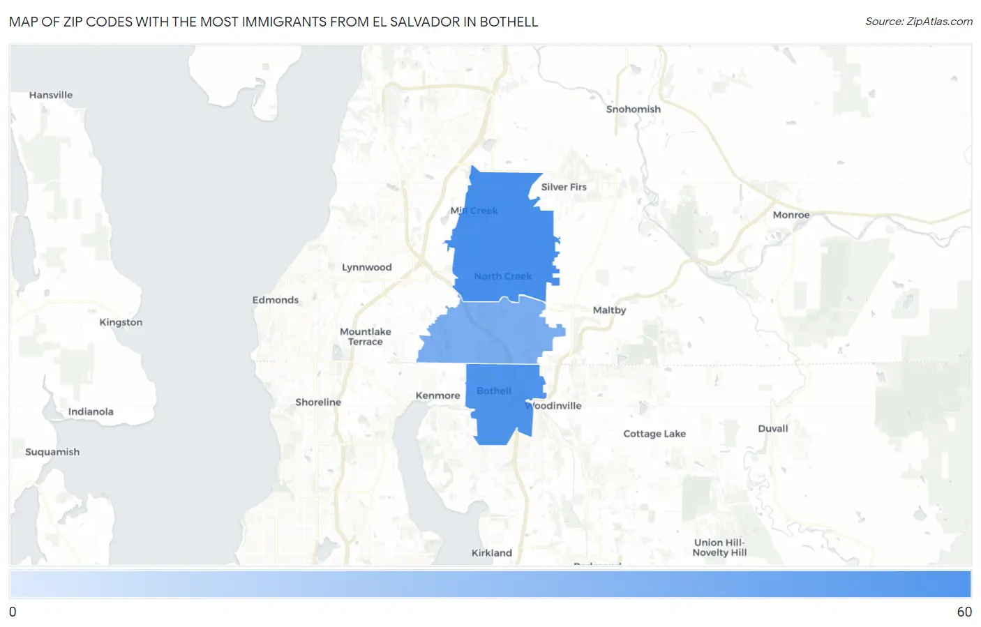 Zip Codes with the Most Immigrants from El Salvador in Bothell Map