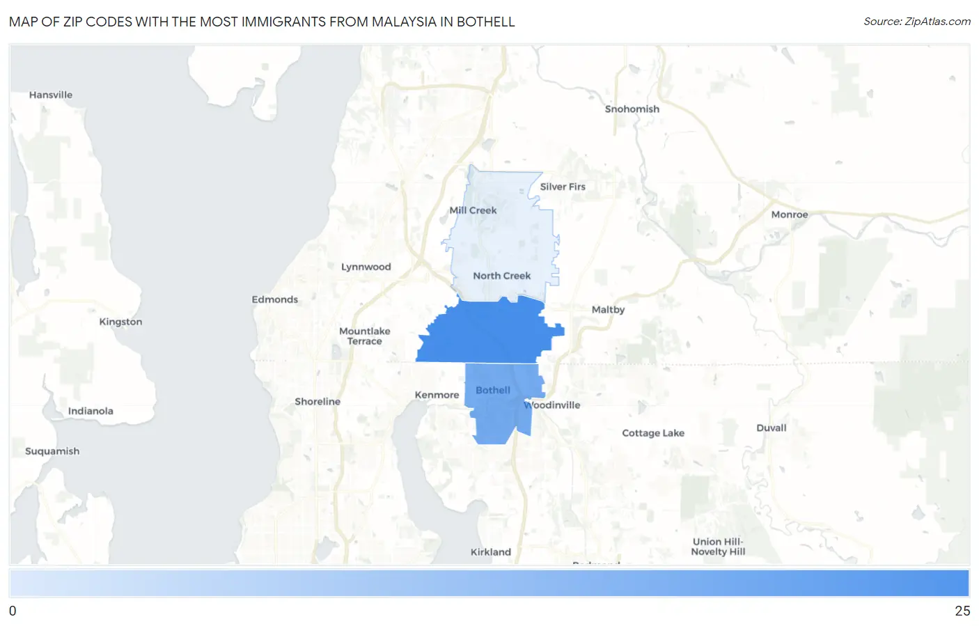 Zip Codes with the Most Immigrants from Malaysia in Bothell Map