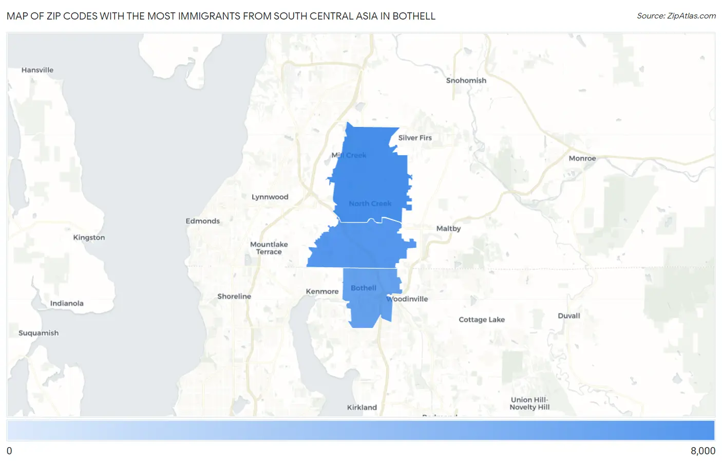 Zip Codes with the Most Immigrants from South Central Asia in Bothell Map