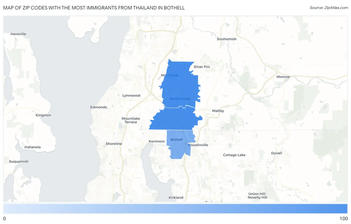 Zip Codes with the Most Immigrants from Thailand in Bothell Map
