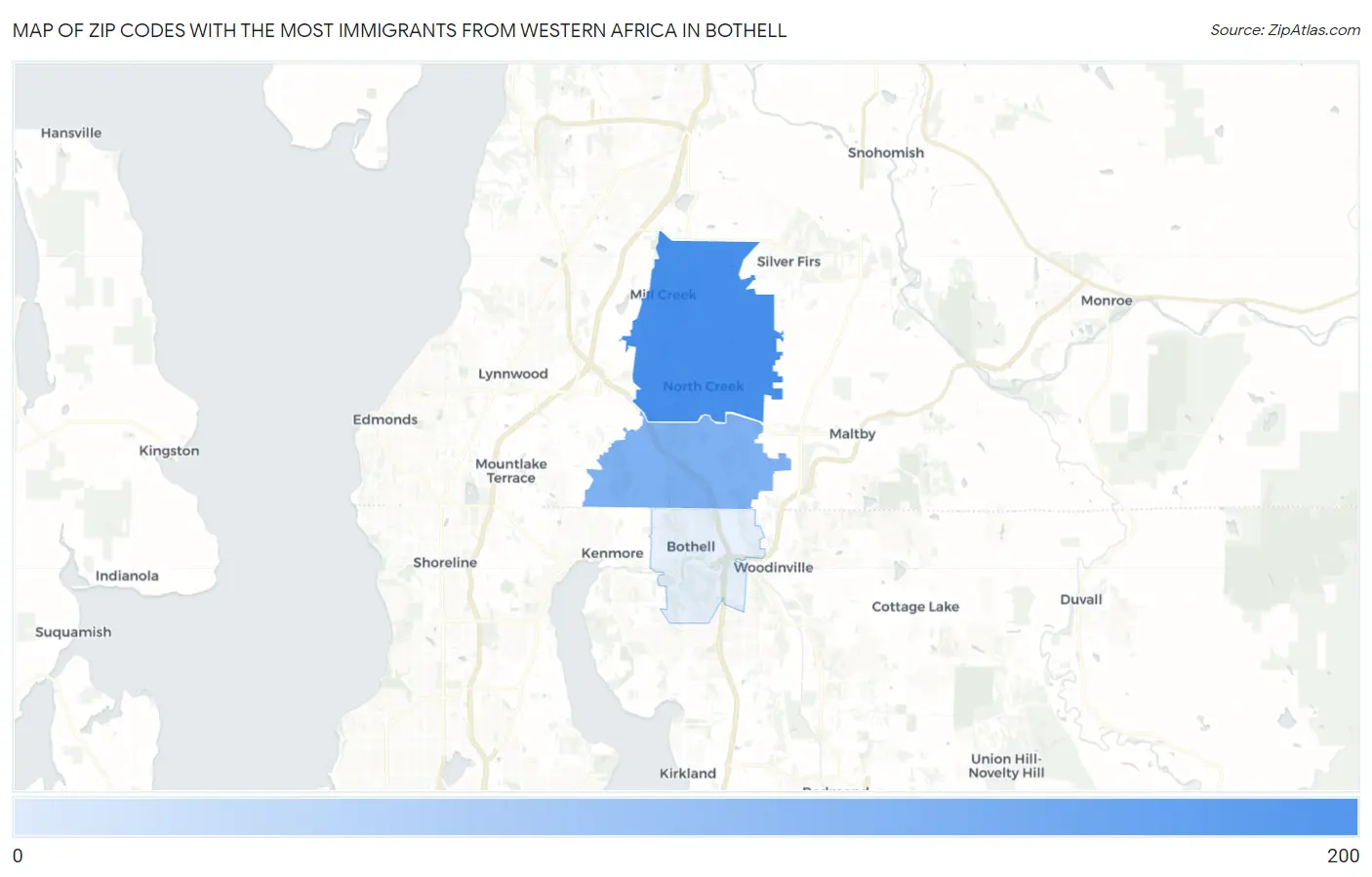 Zip Codes with the Most Immigrants from Western Africa in Bothell Map