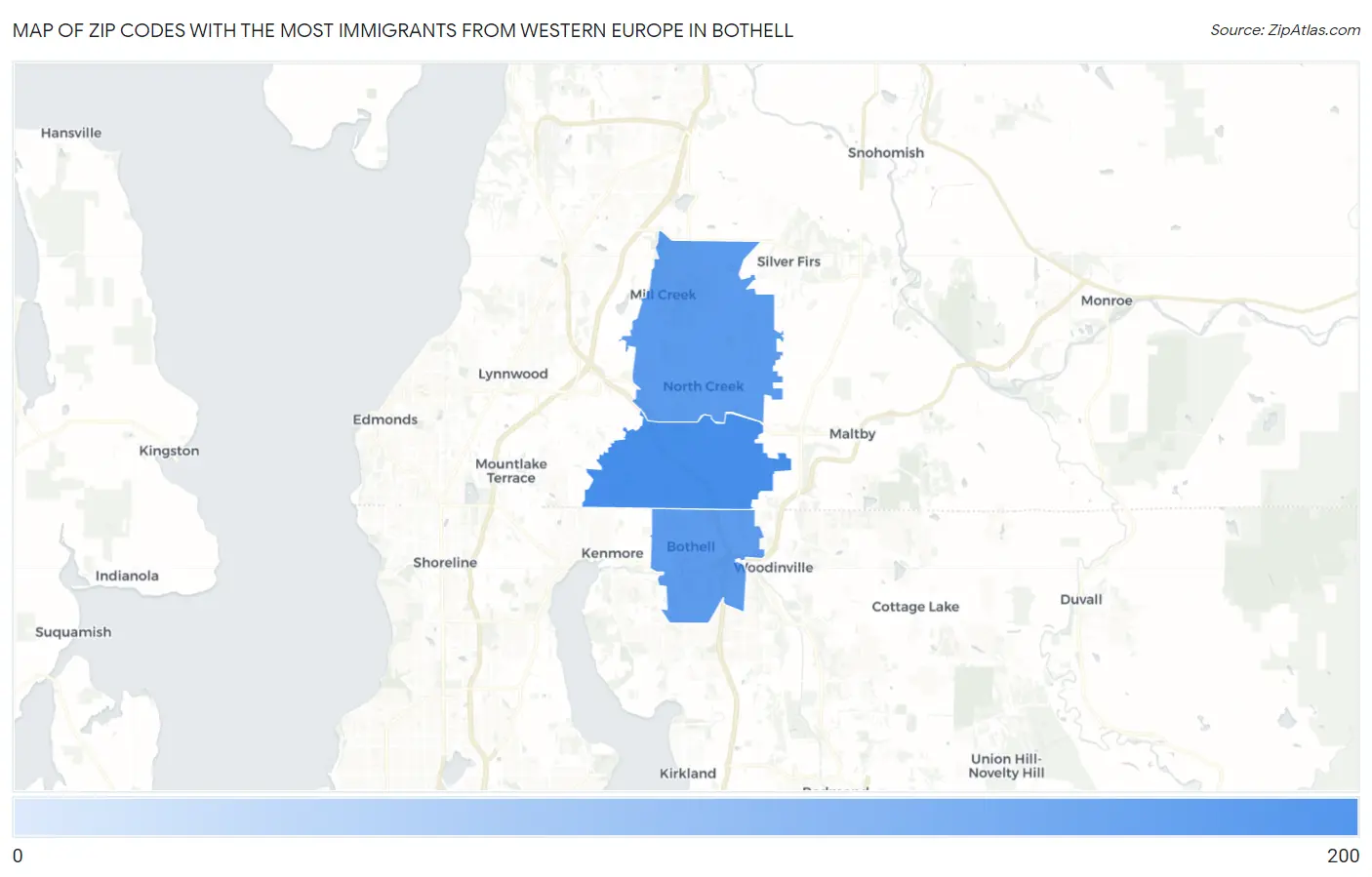 Zip Codes with the Most Immigrants from Western Europe in Bothell Map