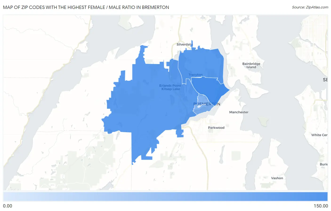 Zip Codes with the Highest Female / Male Ratio in Bremerton Map